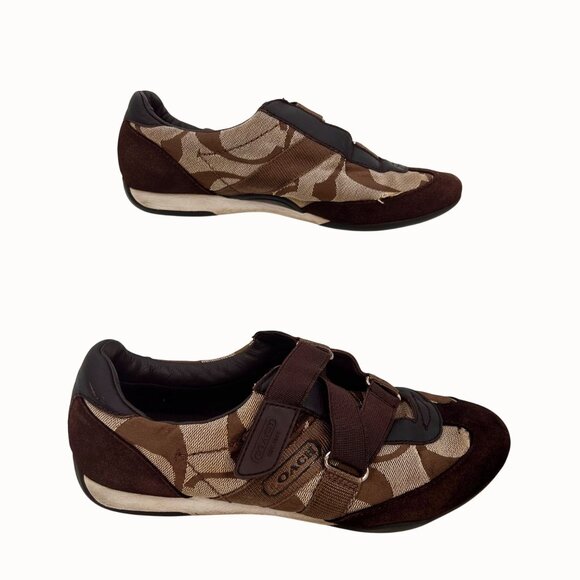 Coach Brown Monogram Canvas & Suede Kyrie Velcro Strap Sneakers Size 7 - Picture 2 of 11
